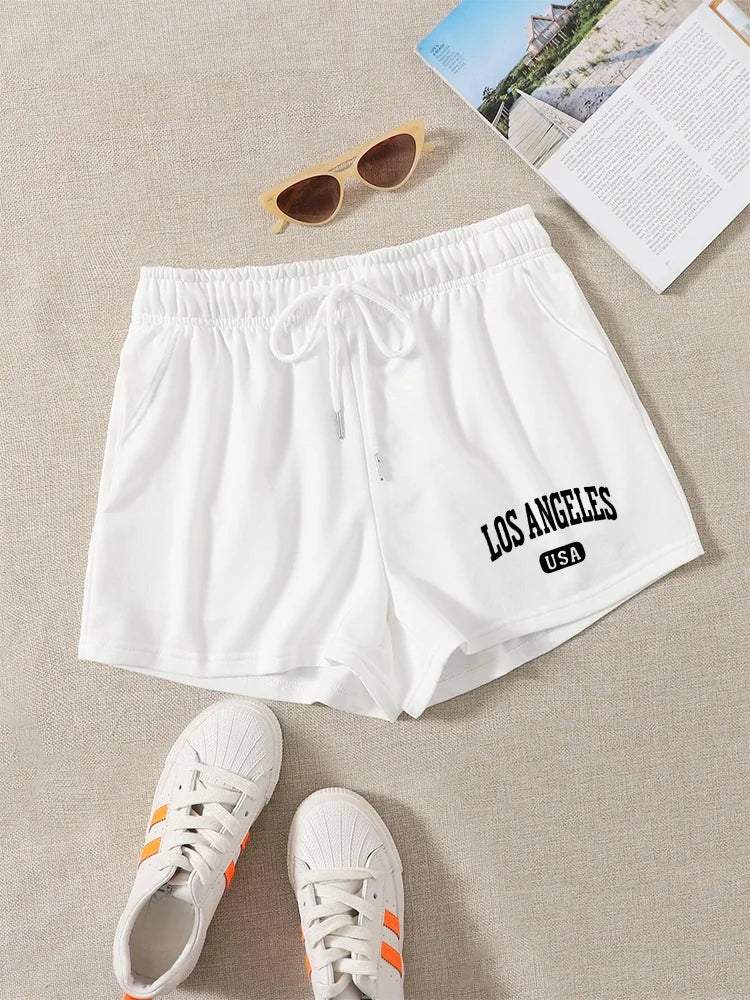 Letter Print Drawstring Shorts, Casual Slant Pockets Shorts For Spring & Summer, Women's Clothing shorts