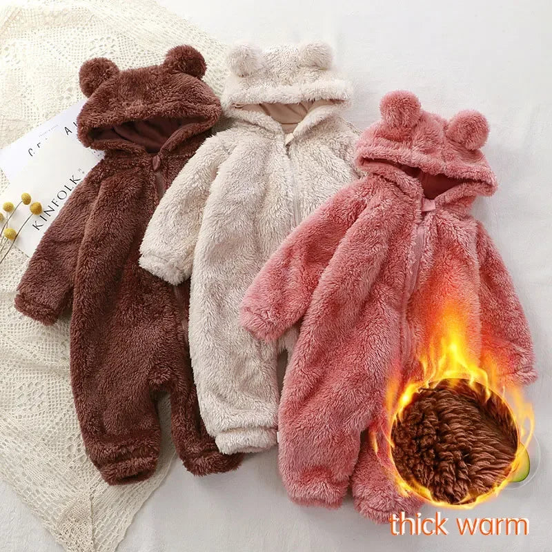 Thick Warm Baby Rompers Cute Winter Infant Jumpsuits Hooded Coral Fleece Bear Shape Newborn Soft Pajamas Overalls Clothing infants boys