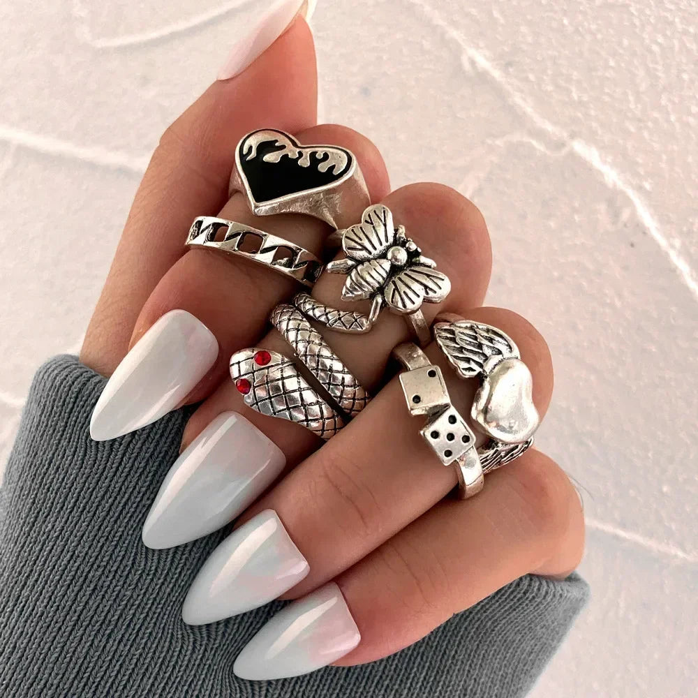 10Pcs Rings Suit For Women Silver-color Chain Ring Set Bohemian Style Coin Snake Moon Star Party Trend Gift Jewelry  rings