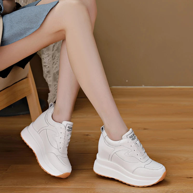 Women's Sneakers Genuine Leather Womens Casual Shoes Thick Sole Increase Height 10cm Women Sneakers Breathable casual shoes