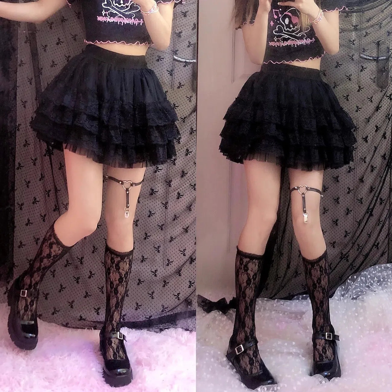 Elastic Gothic Lace Tutu Skirt Women Black Mesh Detail Petticoat Sexy Mini Tulle Skirts Party Club Wear Dancer skirt