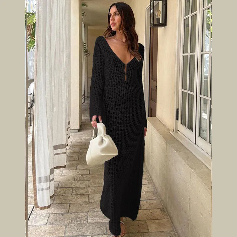 Women Long Knit Dress Hollow Out Deep V-Neck Long Sleeve Bikin Fashion Cover Up Beach Club Sexy Elegant See Through Dresses New long dress party dress