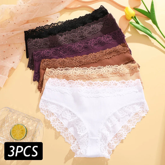 3PCS/Set Sexy Lace Cotton Panties for Women Flroal Lace Seamless Briefs Low Rise Lingerie Female Breathable Soft Underwear S-XL undergarments