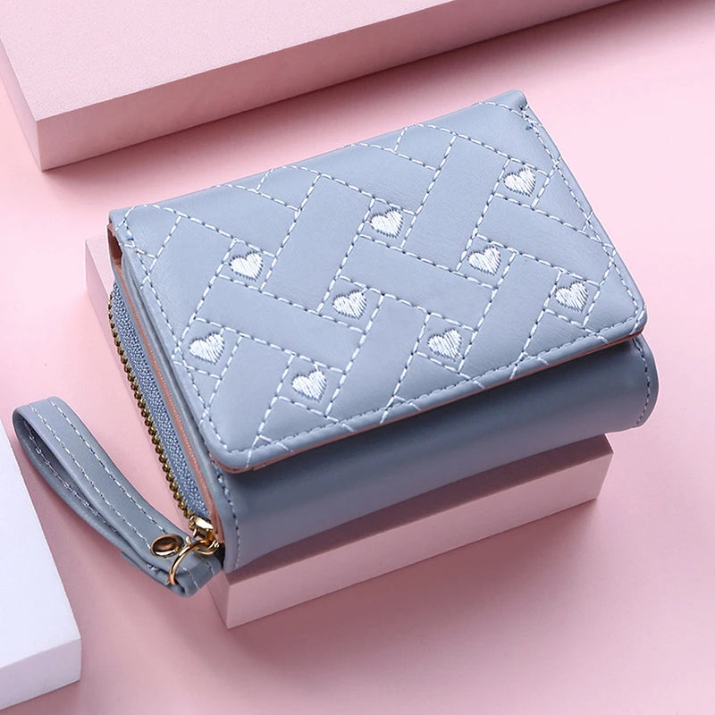 Women's Wallet Tri Fold Card Bag PU Multi Objects Pocket Short Fashion Embroidered Love Pattern Korean Minimalist New bags