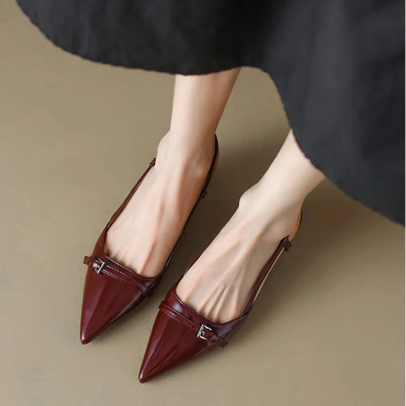 Women's Dress Shoes Patent Leather Slip on Pointed Toe Sandals Buckle Slingbacks Mid Heel shoes