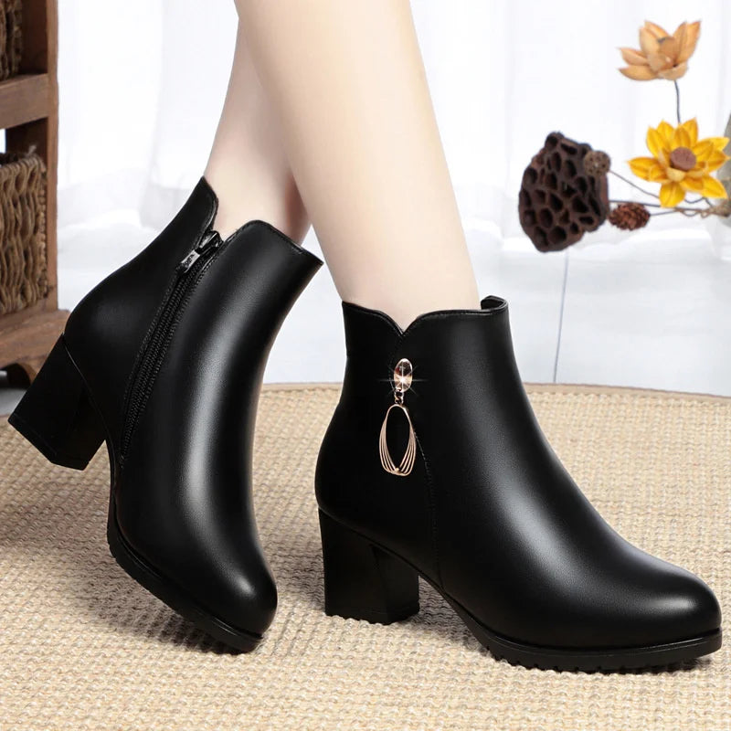 Soft Leather Women's Warm Wool Snow Boots High Heel Black  Beige New Winter Stylish Anti-slip Side Zipper Ankle Boots