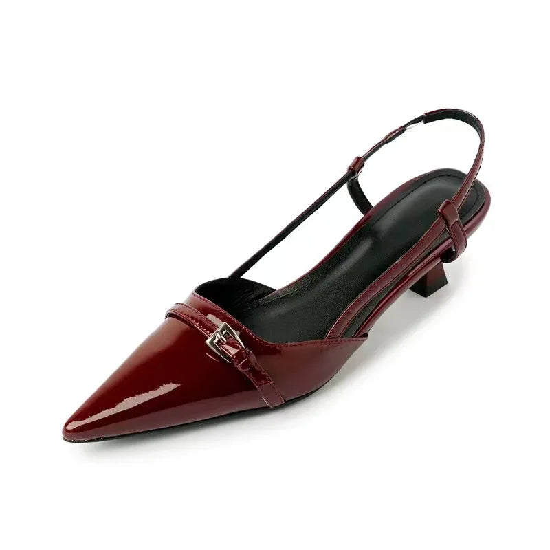 Women's Dress Shoes Patent Leather Slip on Pointed Toe Sandals Buckle Slingbacks Mid Heel shoes