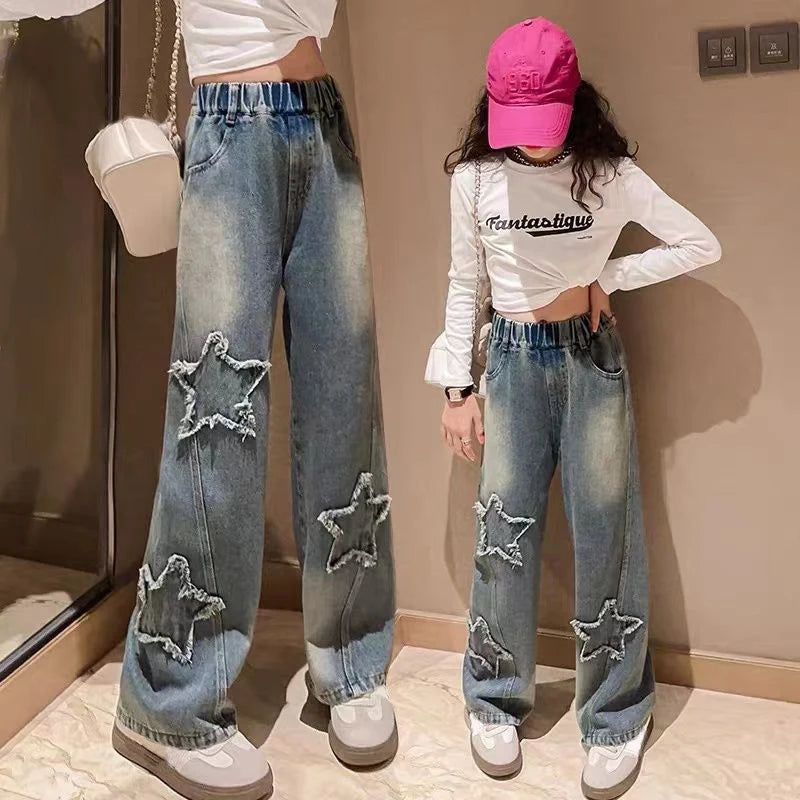 High Waist Jeans Girl Straight Loose Wide-leg Pants Spring and Autumn Korean Baggy Jeans Fashion Kids Denim Trousers bottoms girls