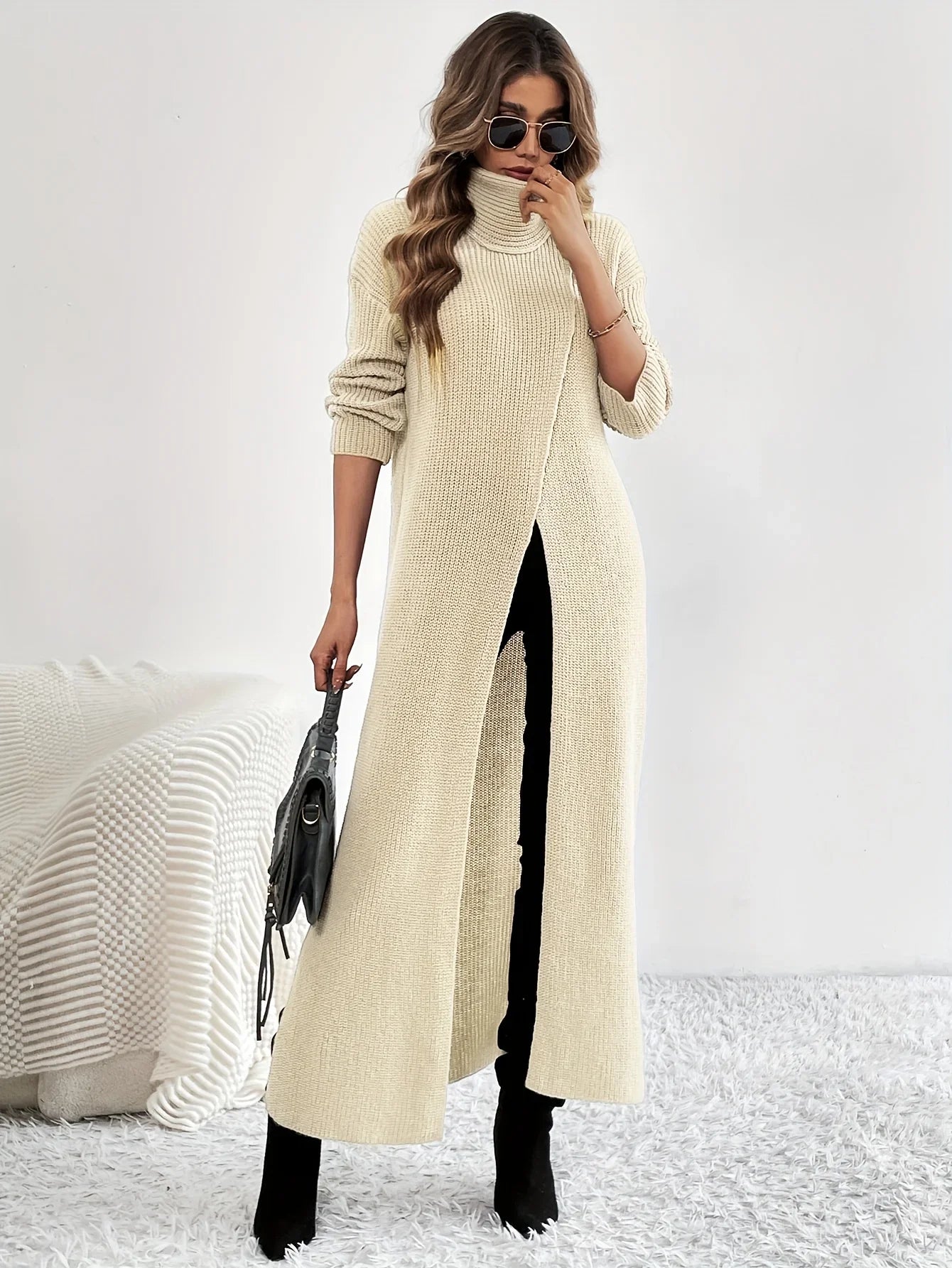 Elegant Long Knitting Sweater Women High Neck with Split Hem For Female Winter Warm Turtleneck Pullovers Maxi Dress  sweater