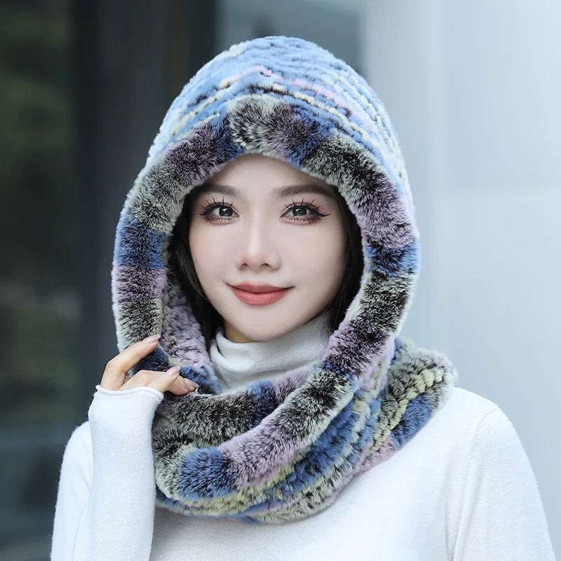 Hot Sale New Women Real Knitted Rex Rabbit Fur Hat Hooded Scarf Long Winter Warm Fur Hat With Neck Collar Scarves Hat Scarf scarf and shawl