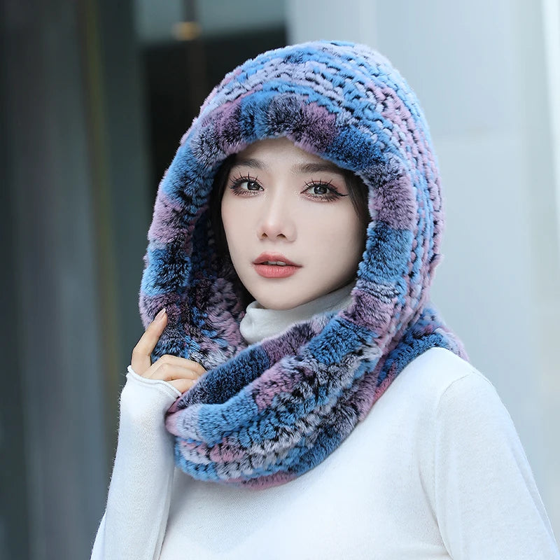 Hot Sale New Women Real Knitted Rex Rabbit Fur Hat Hooded Scarf Long Winter Warm Fur Hat With Neck Collar Scarves Hat Scarf scarf and shawl