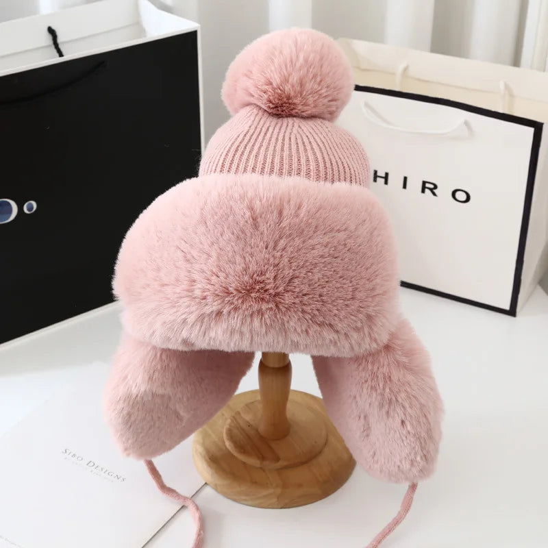 Fashion Lei Feng Hat For Women Autumn And Winter Trapper Earflap Ski Cap Female Thick Warm Beanie Hat Fur Pompom Russain Hat caps