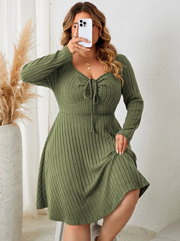 GIBSIE Plus Size Sweettheart Neck Knot Front A-Line Dress Women Fall New Vintage Long Sleeve Ribbed Knit Casual Winter Dresses