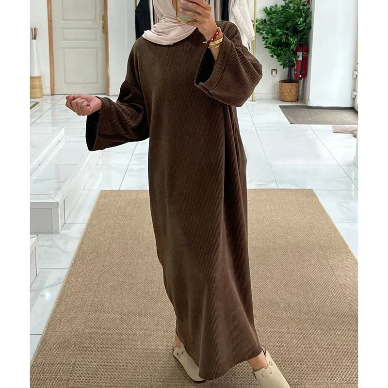 Corduroy Abaya Winter With Side Pocket Thick Warm Ramadan Islamic Clothing High Quality Muslim Women Long Sleeve Modest Dress abaya