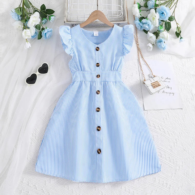 Girl Dress Summer New Light Blue Stripe Ruffled Sleeveless V-Neck Dress Elegant Cute Daily Casual Vacation Preppy Style Outifits girls dresses