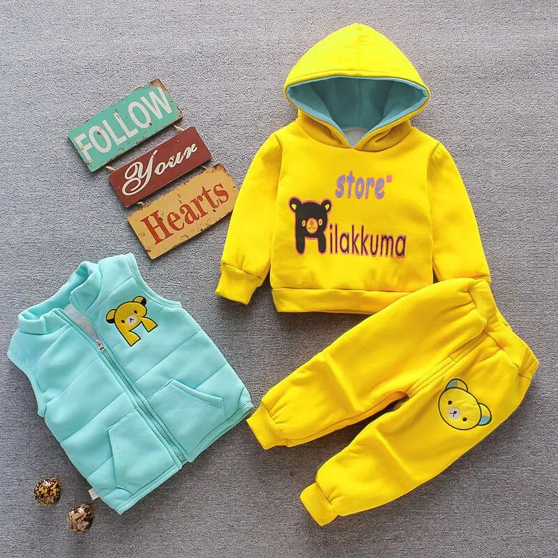 Autumn Winter Baby Boys Clothes Sets Thick Fleece Cartoon Bear Jacket Vest Pants 3Pcs Cotton Sport Suit For Girls Warm Outfits infants boys