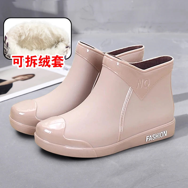 Rain， Boots，  ，New， Non-Slip Waterproof Short Tube Rubber Shoes Adult Rain Boots plus Velvet Warm Rain Shoes ankle boots