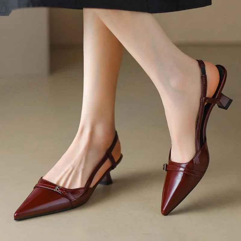 Women's Dress Shoes Patent Leather Slip on Pointed Toe Sandals Buckle Slingbacks Mid Heel shoes