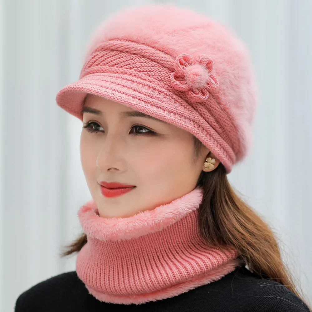 New Women Winter Hat Keep Warm Cap Add Fur Lined Hat & Scarf Warm Set Fashion Hat For Women Casual Faux Fur Flower Knitted Hat caps