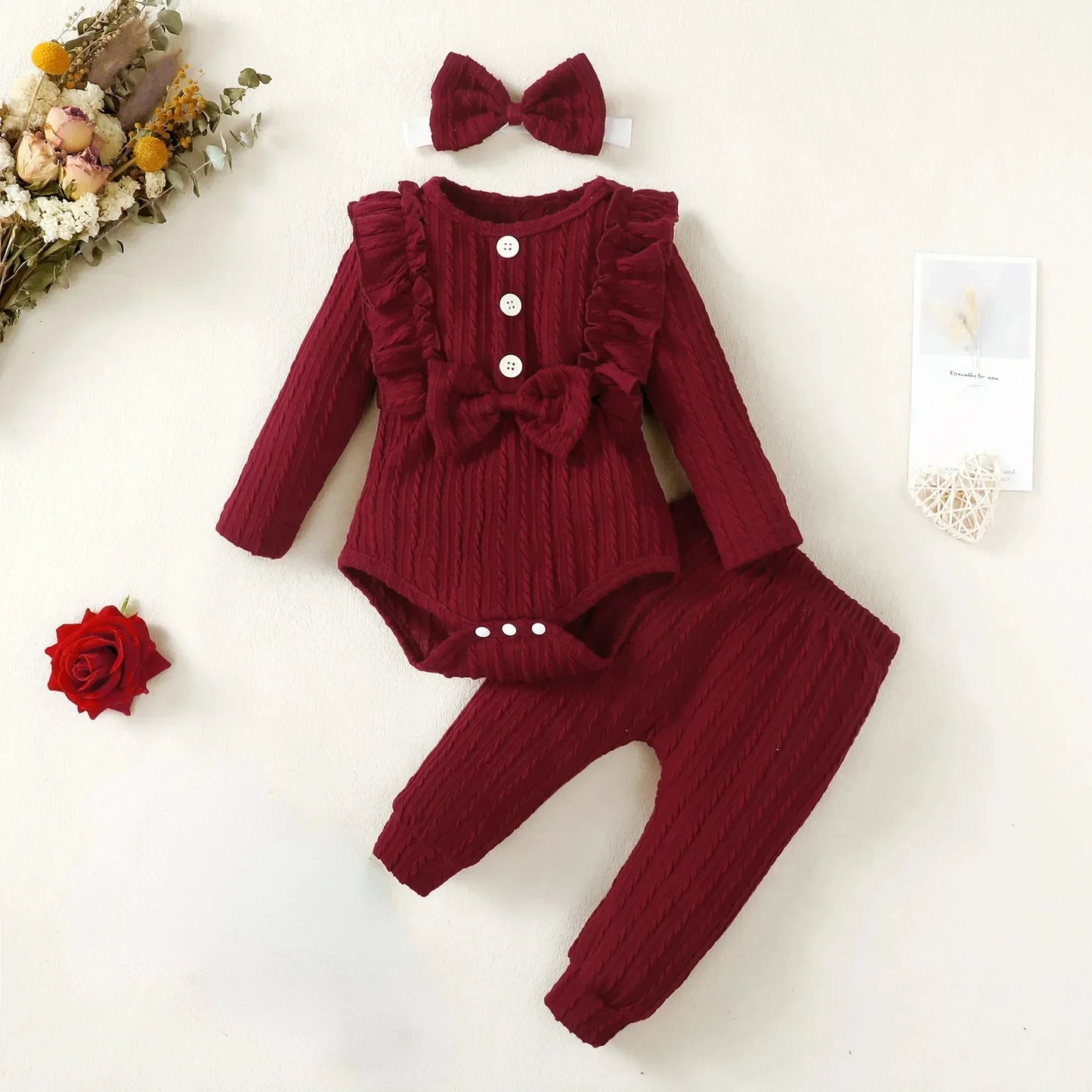 3Pcs Newborn Clothes Set Baby Girl Romper + Bow Fashion Long Sleeve Spring Autumn Winter 3 6 9 12 Months Infant Clothing infants girls