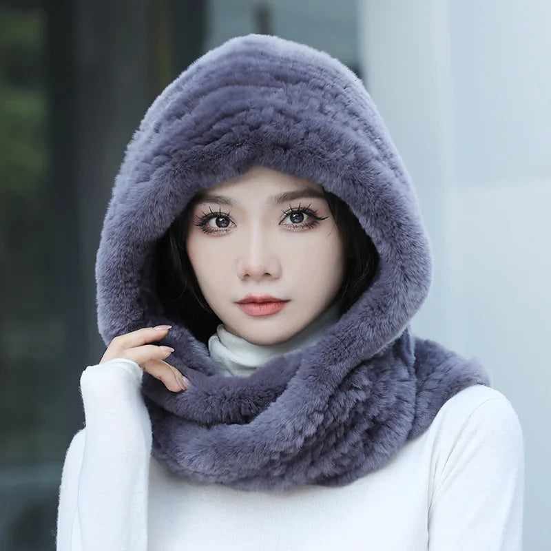 Hot Sale New Women Real Knitted Rex Rabbit Fur Hat Hooded Scarf Long Winter Warm Fur Hat With Neck Collar Scarves Hat Scarf scarf and shawl