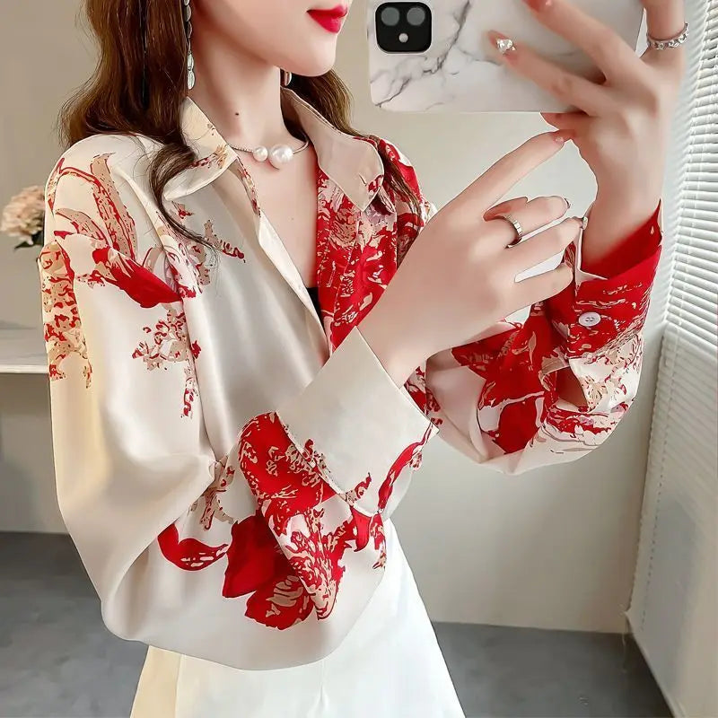 Polo Collar Long Sleeve Printed Blouse Casual Versatile Western Commuting Sweet Clothing Women Shirts