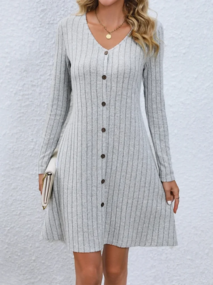 Women's V-Neck Button Dress Monochromatic A-line Casual Comfortable Spring Autumn Trend long dress