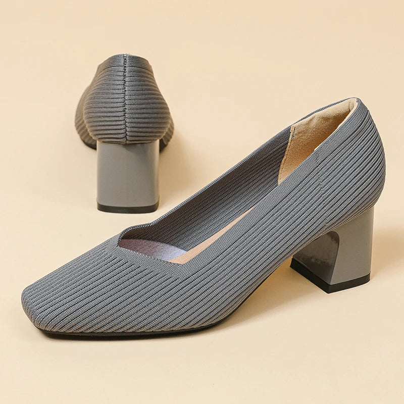 Women's high heels with multiple square toe knitted breathable and comfortable shoes for the new autumn of heel shoes