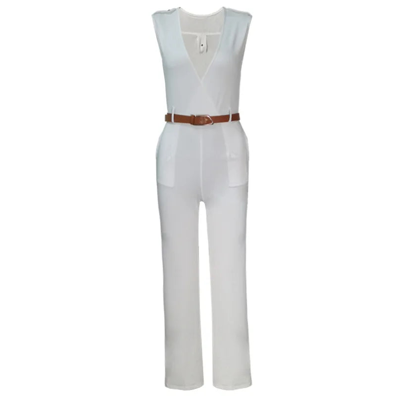 New summer new high-waisted solid color casual women's European and American V-neck sleeveless sexy Slim jumpsuit