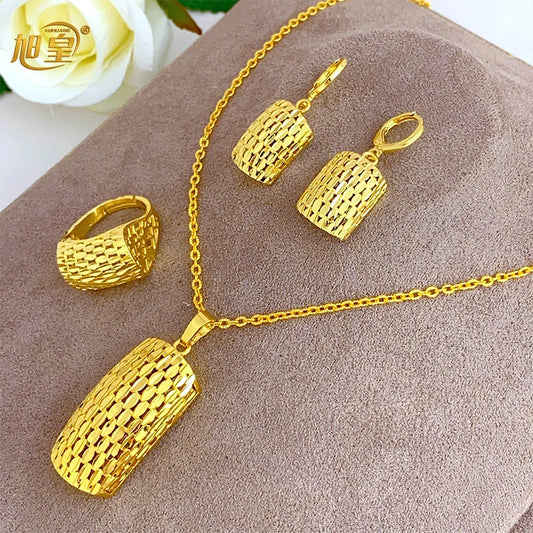 Dubai Gold Color Necklace Sets With Pendant for Women Ethiopian Bridal 3Pcs Jewelry Set Indian Jewellery Party Gifts 24k  indian jewellery