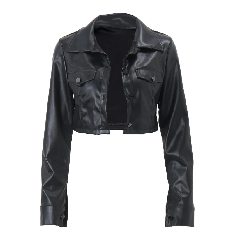 Leather Short Jacket Y2K Turn-down Collar Fashion Botton Decoration PU Coat 2022 Grunge Street Casual Coat