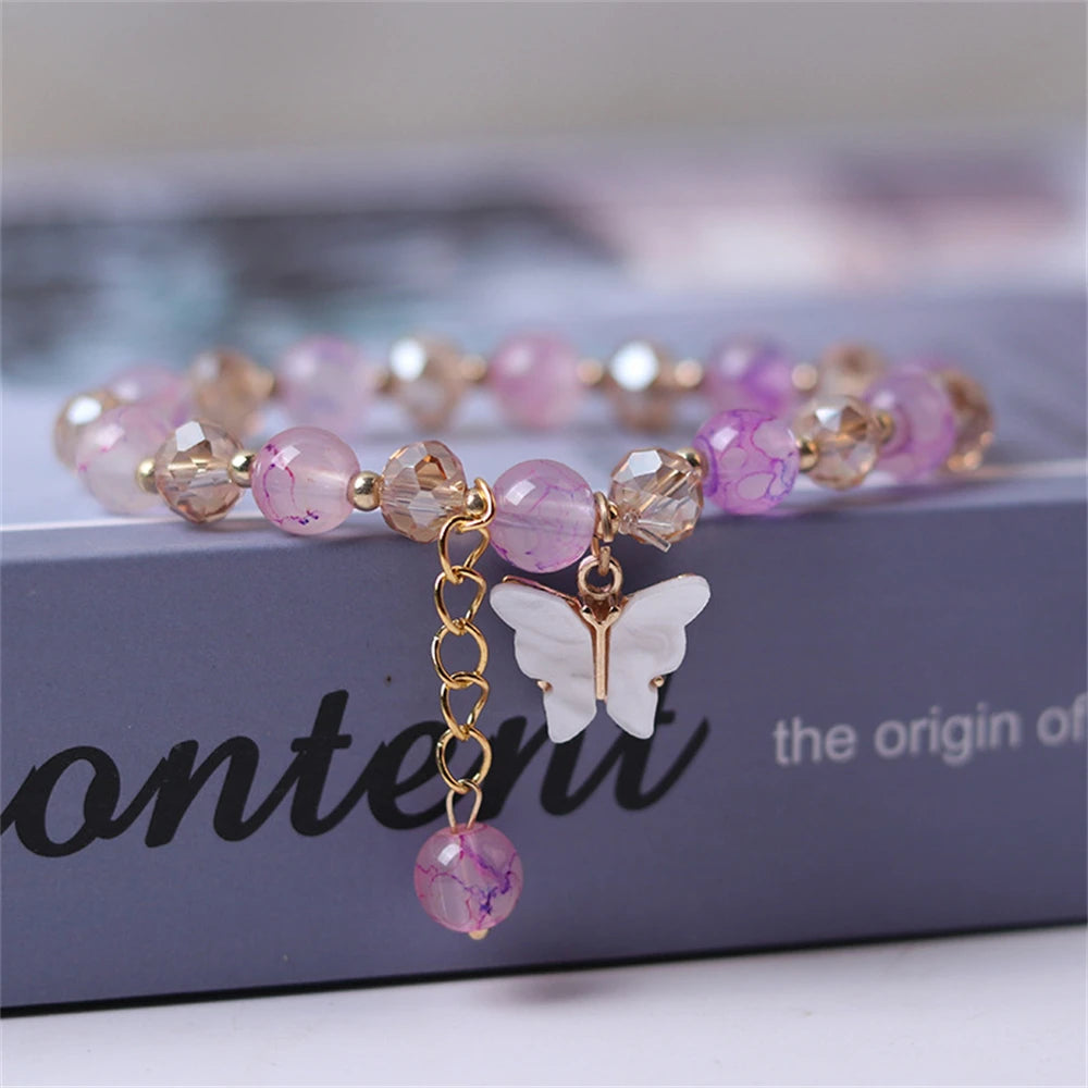 Fashion Butterfly Beaded Bracelets For Women Girls Imitation Jade Bohemian Crystal Charm Elastic Rope Bracelet Hand Jewelry bracelete