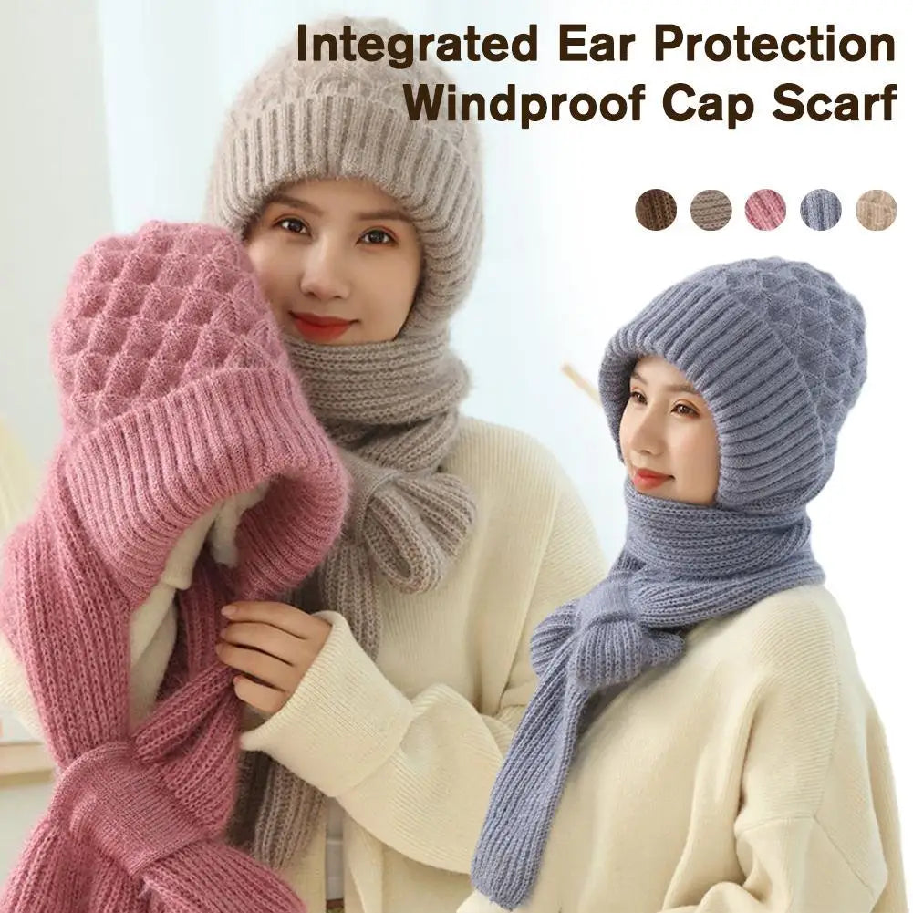 Hat Scarf All-in-one Female Winter Warm Rabbit Hair Knitted Cap Cycling Ear Protection Padded Cute Cold-proof Neck Cap