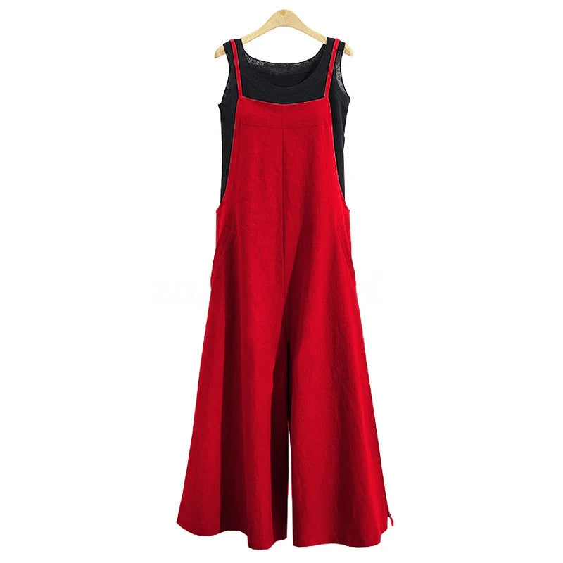 Women Casual Wide-Legged Jumpsuit Cotton Linen Breathable Sleeveless One-Piece Loose Long Jumpsuit