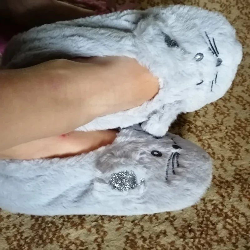 Home Fuzzy Slipper Women Winter Fur Contton Warm Plush Non Slip Grip Indoor Fluffy Lazy Female Mouse Ears Floor Shoe Living room slipper