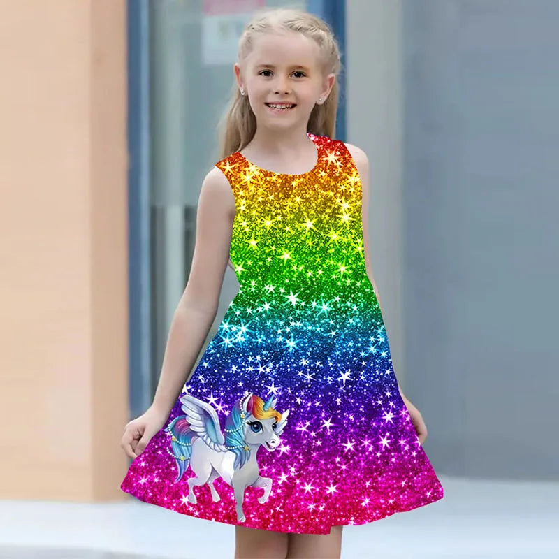 Summer Dress For Young Girls  Kids Clothes Casual Sleeveless 3D Print Children Princess Unicorn Girl Dress From 2 to 7 Years girls dresses