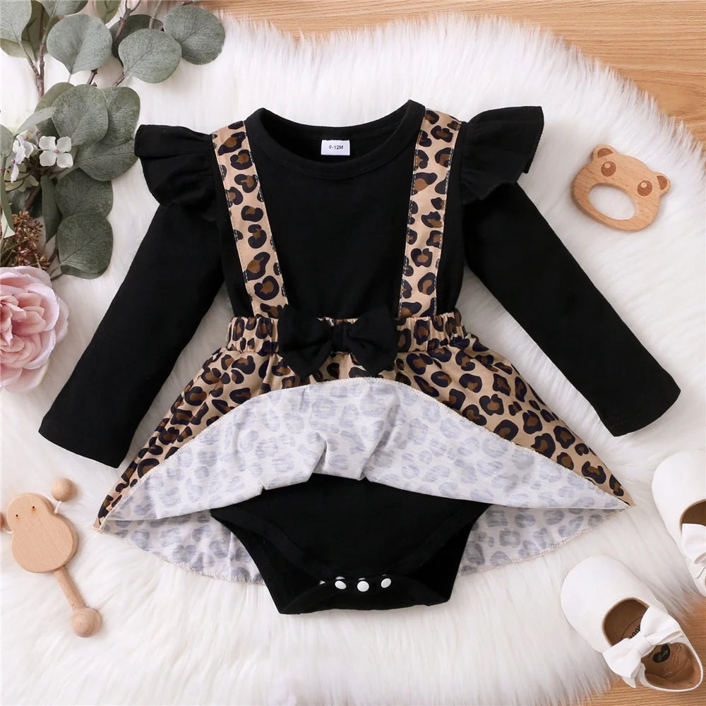 0-18Months Newborn Baby Girl Dress with Bow Long Sleeve Leopard Dresses Onesie Clothing Autumn Infant Fashion Cute Jumpsuit infants girls