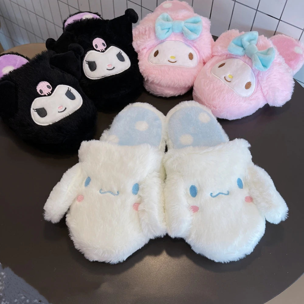 Kuromi My Melody Sanrio Cartoon Plush Slippers Floor Slippers Warm Winter Indoor Slippers Flat Casual Non-slip Girl Home Shoes