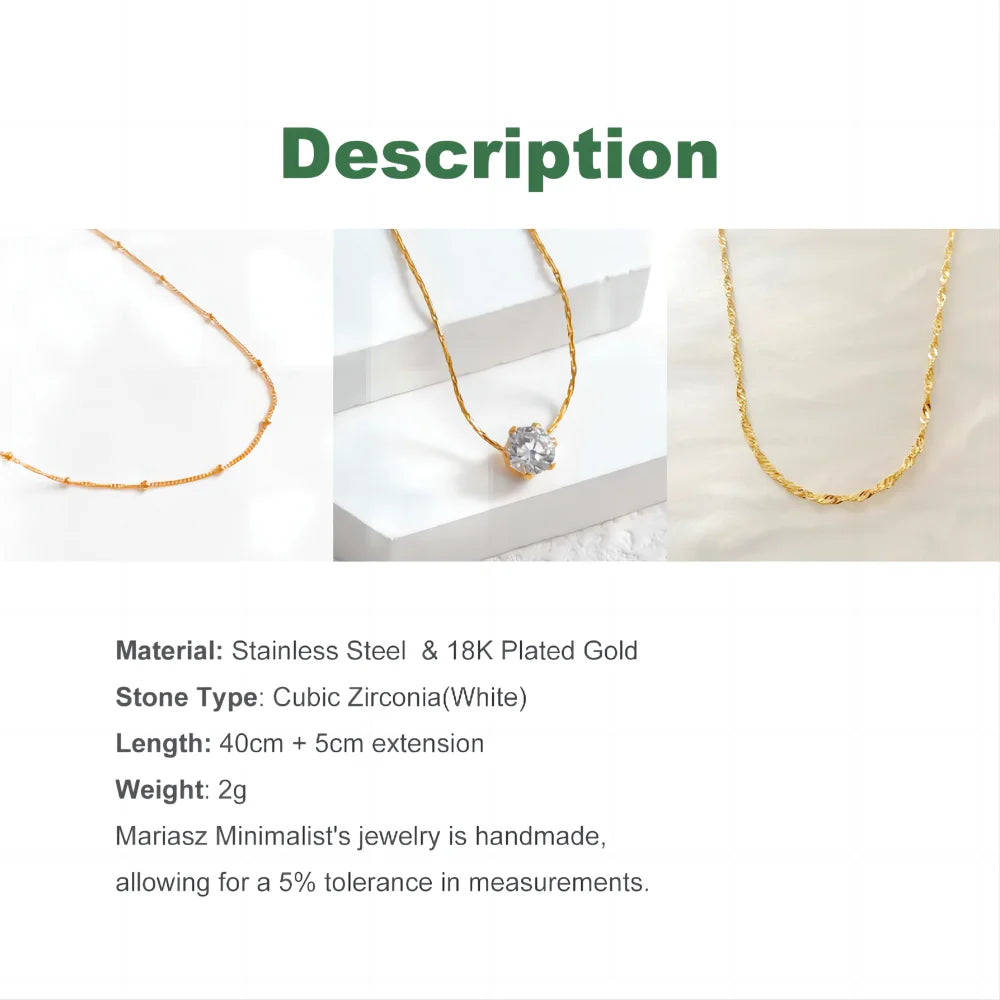 Gold Plated Stainless Steel Dainty Minimalist Zircon Charm Anti Tarnish Chain Round Clear Cz Stone Necklace for Women Jewelry  necklace