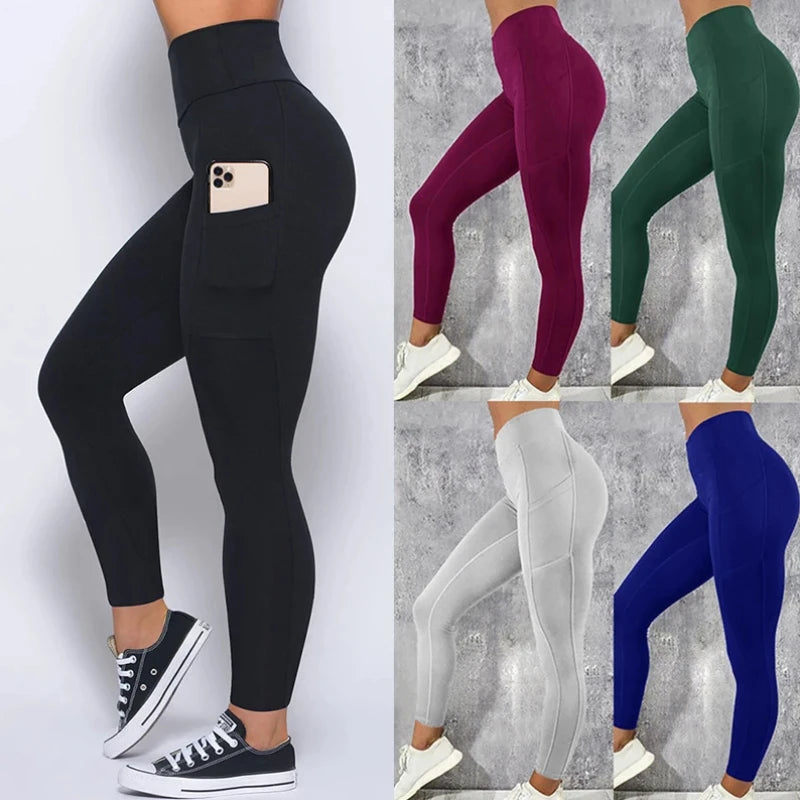 Plus Size Pocket Yoga Pants Women Solid Fitness Sports Leggings High Waist Elastic Gym Tights Female Running Trousers sports