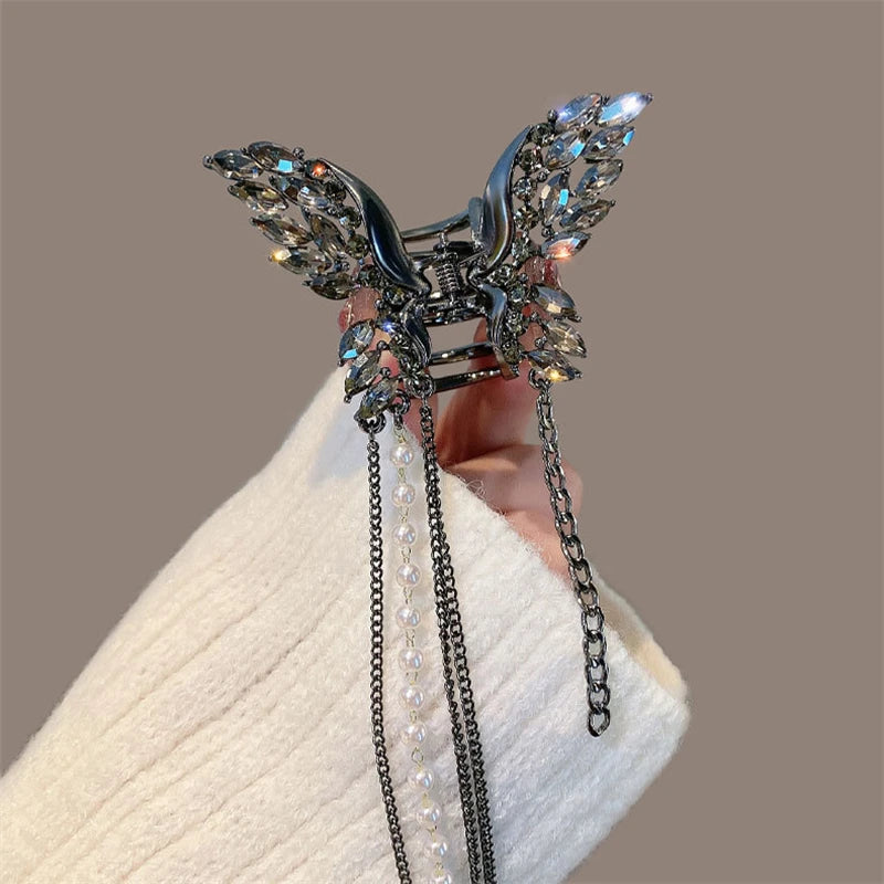 Hollow Butterfly Tassel Hairpin Korean Girl Rhinestone Ponytail Hair Grabber Elegant Pearl Hair Accessories for Women hairclips