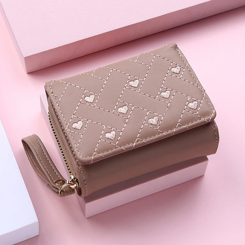 Women's Wallet Tri Fold Card Bag PU Multi Objects Pocket Short Fashion Embroidered Love Pattern Korean Minimalist New bags