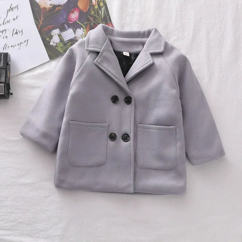 Autumn Winter Boys Fashion Jacket Solid Color Lapel Double-Breasted Long Woollen Overcoat For 2-6 Years Boys Handsome Outwear boys jackets and coats