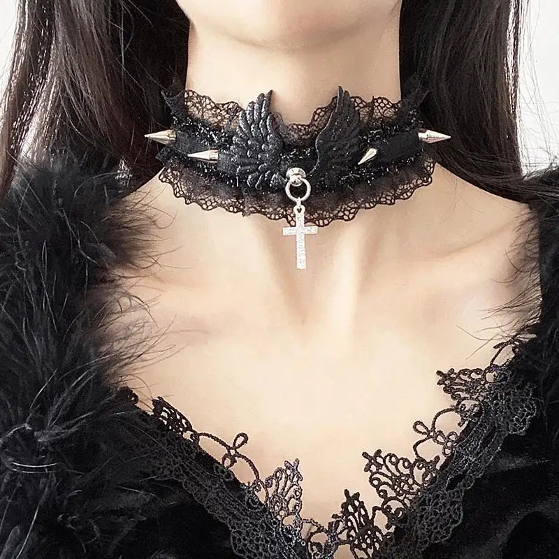 Gothic Victorian Black Lace Necklace Women Girl Boho Crystal Tassel Sexy Lace Choker Dark Loli Style Jewelry  necklace