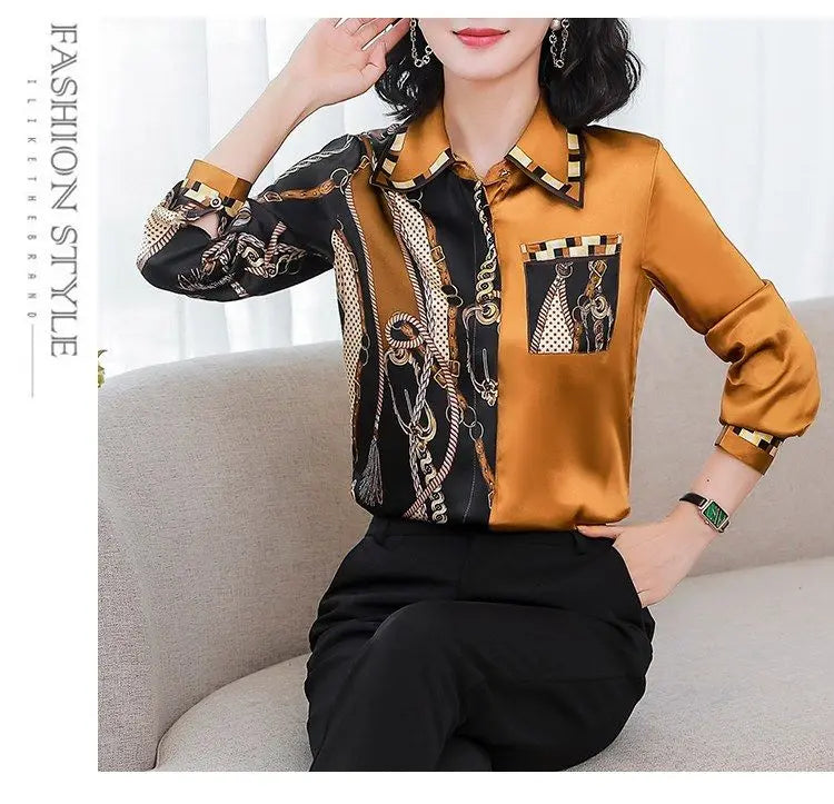 Printed Long Sleeve Chiffon Shirt for Women with a Small Design Sense and a Small High End Western Style