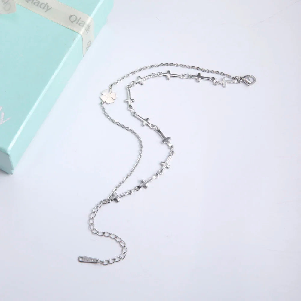 Foot Chain of Women Men Silver Color Four-leaf Clover Stainless Steel Anklet Simple Beads Fashion Jewelry Accessories New anklet