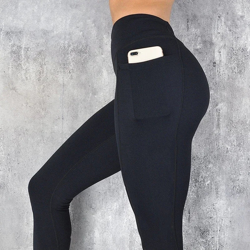 Plus Size Pocket Yoga Pants Women Solid Fitness Sports Leggings High Waist Elastic Gym Tights Female Running Trousers sports