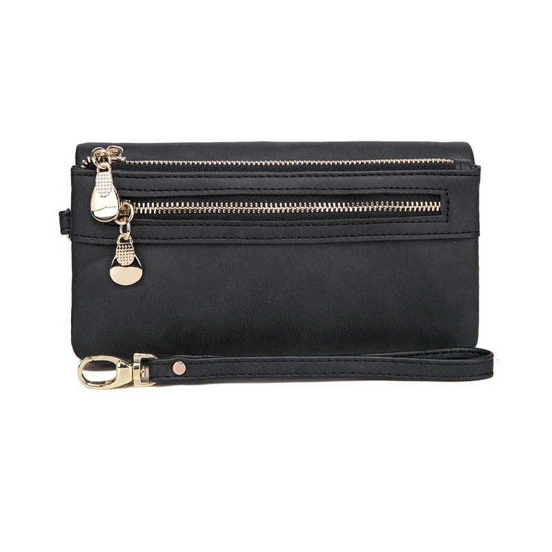 Large Capacity Women's Dull Polish Leather Wallet Double Zipper Clutch Wristlet Purse Phone Coin Card Holder Multi-pocket Wallet bags