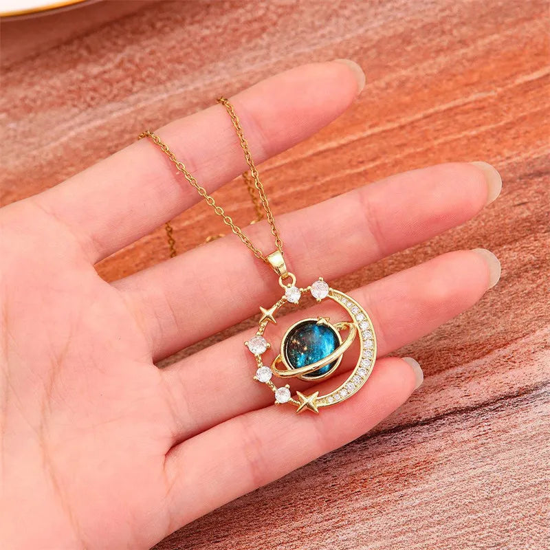 Luxury Inlaid Zircon Planet Moon Pendant Necklace For Women Titanium Steel Butterfly Water Drop Clavicle Chain Charm Jewelry  necklace