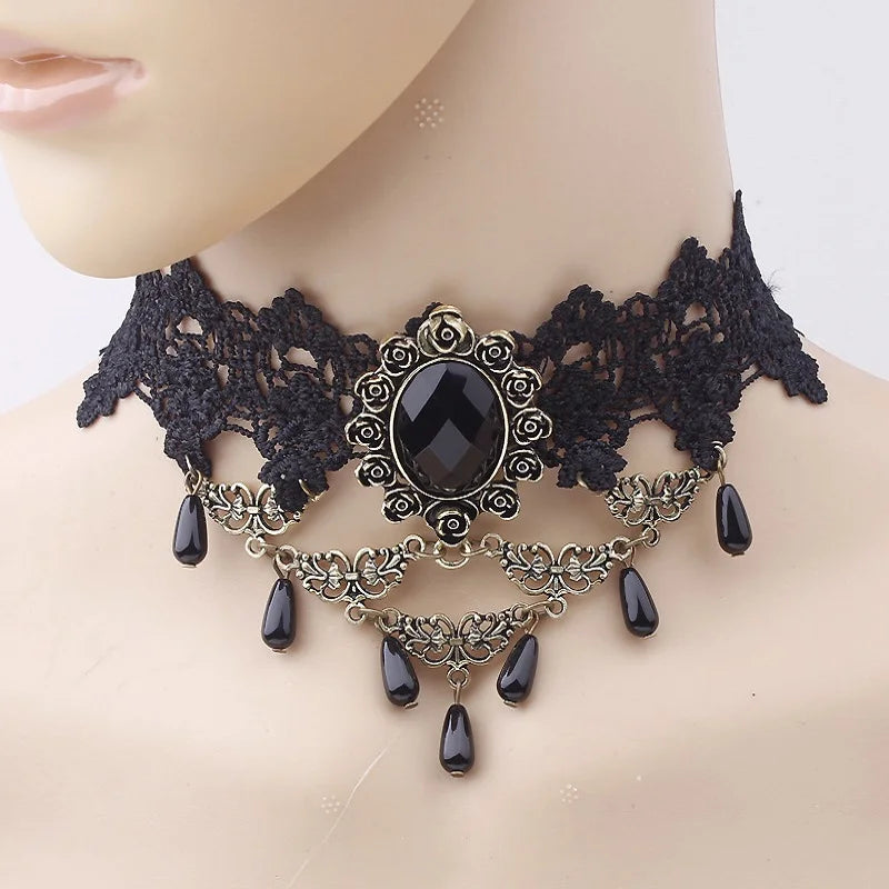 Gothic Victorian Black Lace Necklace Women Girl Boho Crystal Tassel Sexy Lace Choker Dark Loli Style Jewelry  necklace